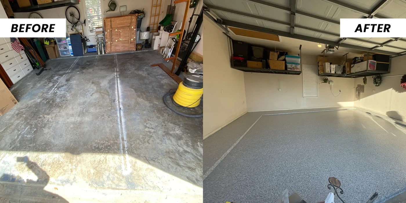 Garage floor transformation: Before & After.  Old, stained concrete becomes a sleek, new epoxy floor.
