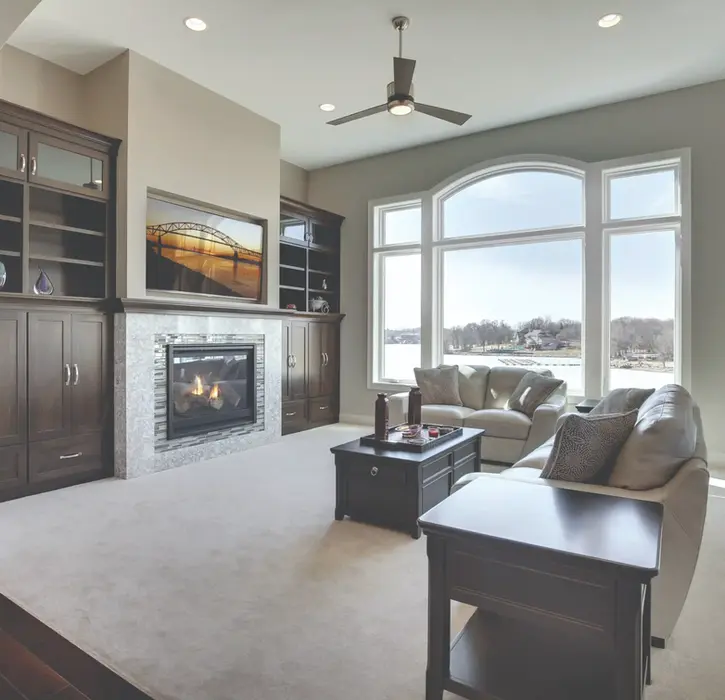 Spacious living room with fireplace, built-in shelves, and lake view