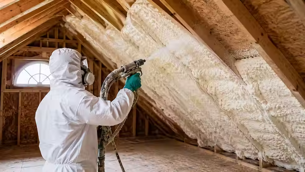 Technician applying spray foam insulation in an attic to seal air leaks and improve home energy efficiency.