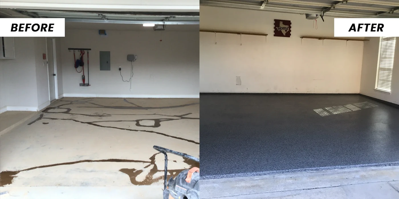 Garage floor transformation: Before & After showing cracked floor replaced with Concrete Coatings.