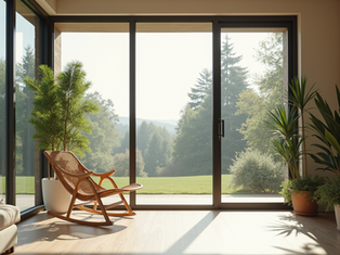 A modern sunroom with large glass windows