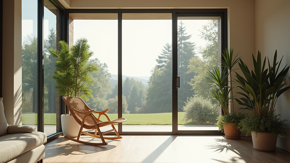 Eye-level view of a modern sunroom with large glass windows