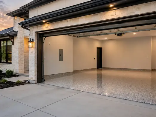 New construction home in Texas with a professionally installed garage floor coating for durability and long-lasting protection.