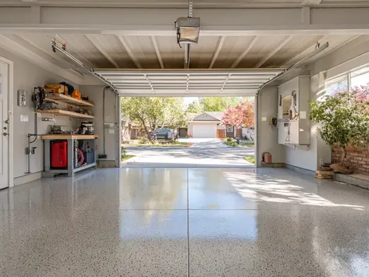 Durable concrete floor coating applied in a residential garage
