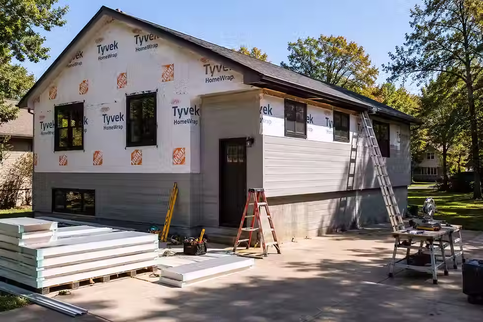 Home exterior prepared for insulated siding installation with tools and cleared surroundings
