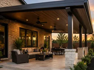 Patio cover protecting outdoor furniture from Texas weather