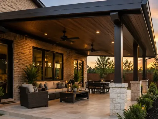 Patio cover protecting outdoor furniture from Texas weather
