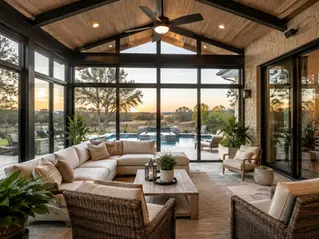 Modern 4-season sunroom with large windows, comfortable seating, and natural light in a Texas home.
