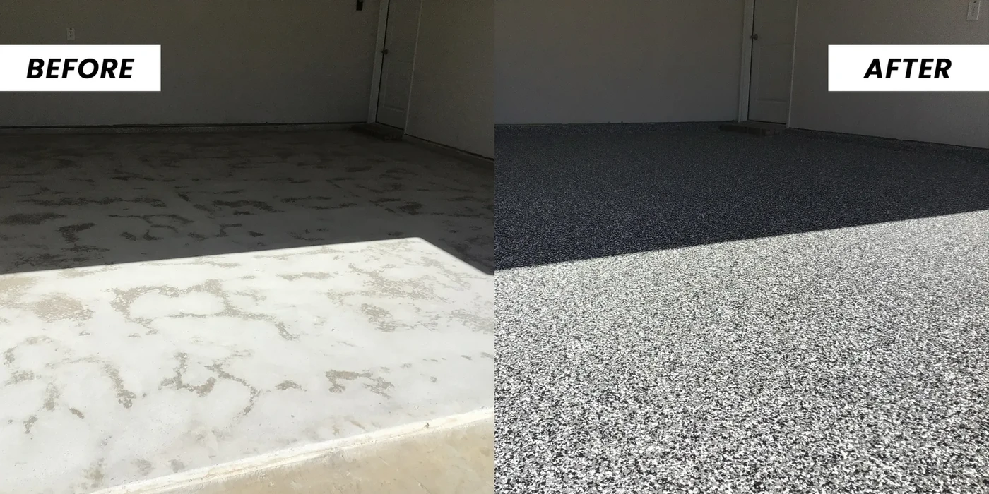 Garage floor transformation: Before and After.  Shows worn concrete then a new, speckled gray epoxy coating.