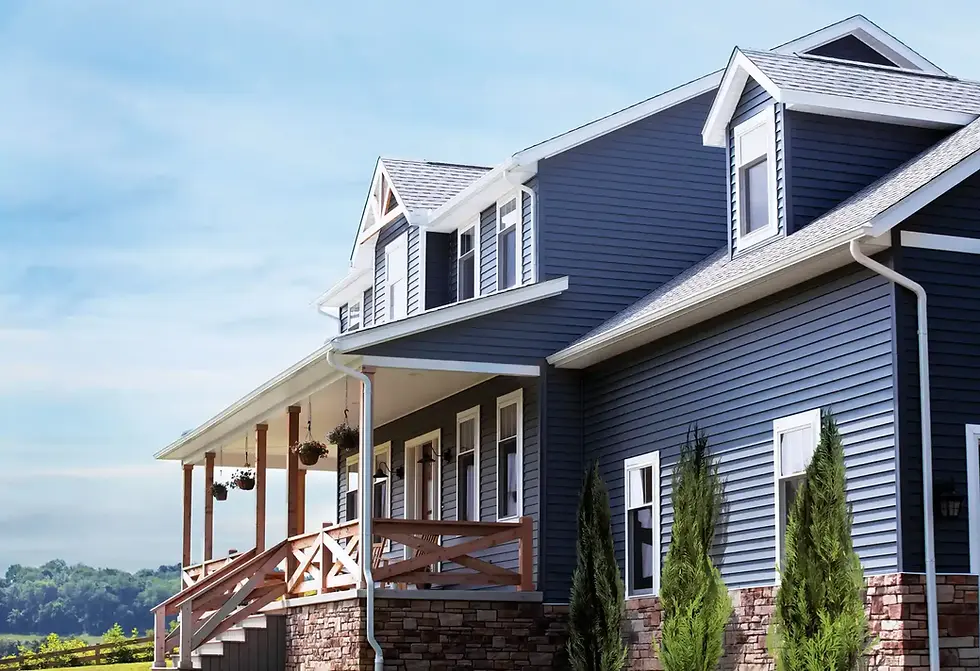 Modern farmhouse with blue siding, stone accents, and porch
