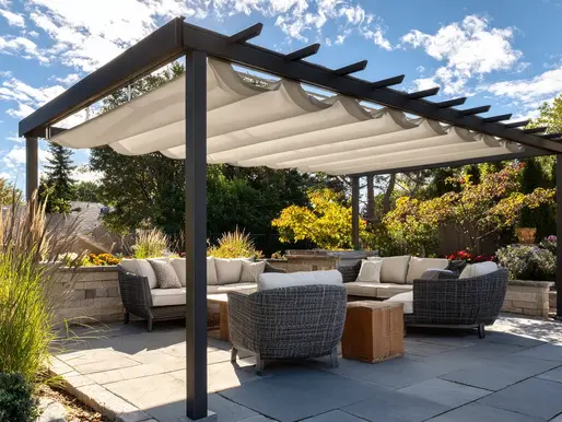 Outdoor furniture protected under a modern pergola with shade canopy