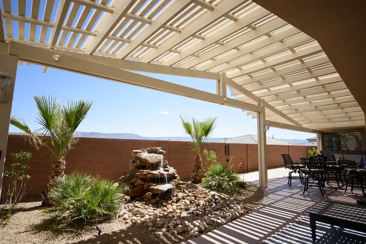 Elegant pergola shading patio with fountain