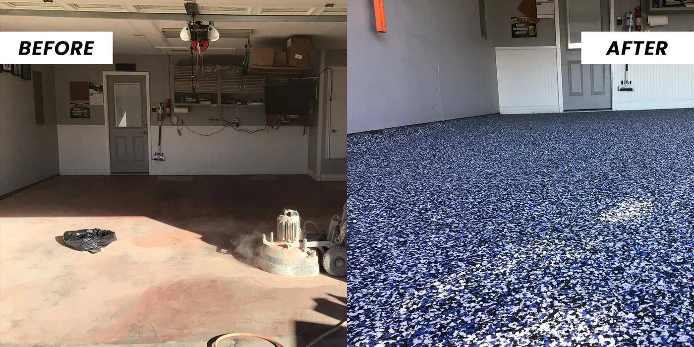 Garage floor transformation: Before & After, showing new Concrete Coatings