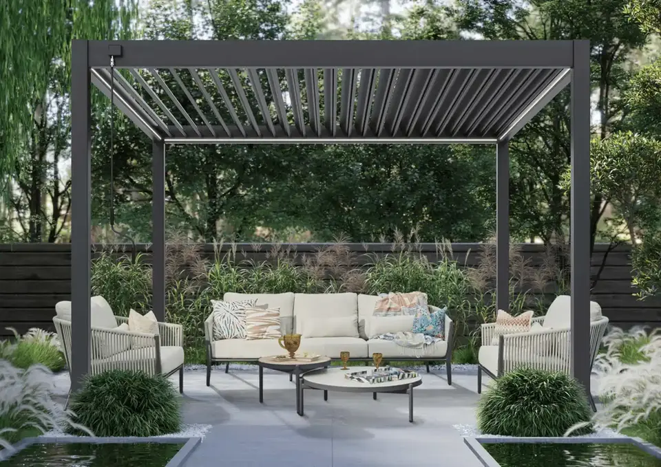 Modern patio furniture under pergola