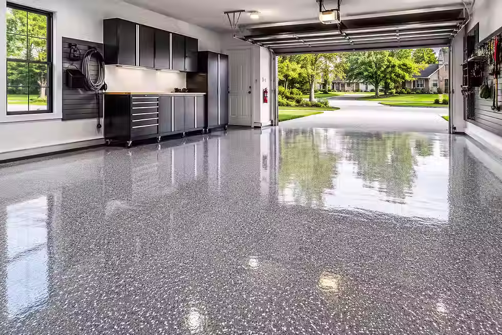 Freshly installed polyaspartic garage floor coating with smooth glossy finish and modern clean appearance