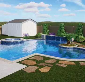 Modern backyard pool design with spa and waterfall feature