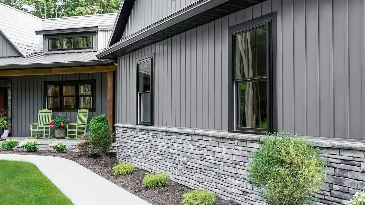 Gray metal siding, stone accents, HomeStop