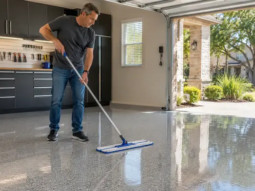 Homeowner cleaning an epoxy garage floor with a microfiber mop to protect the glossy finish