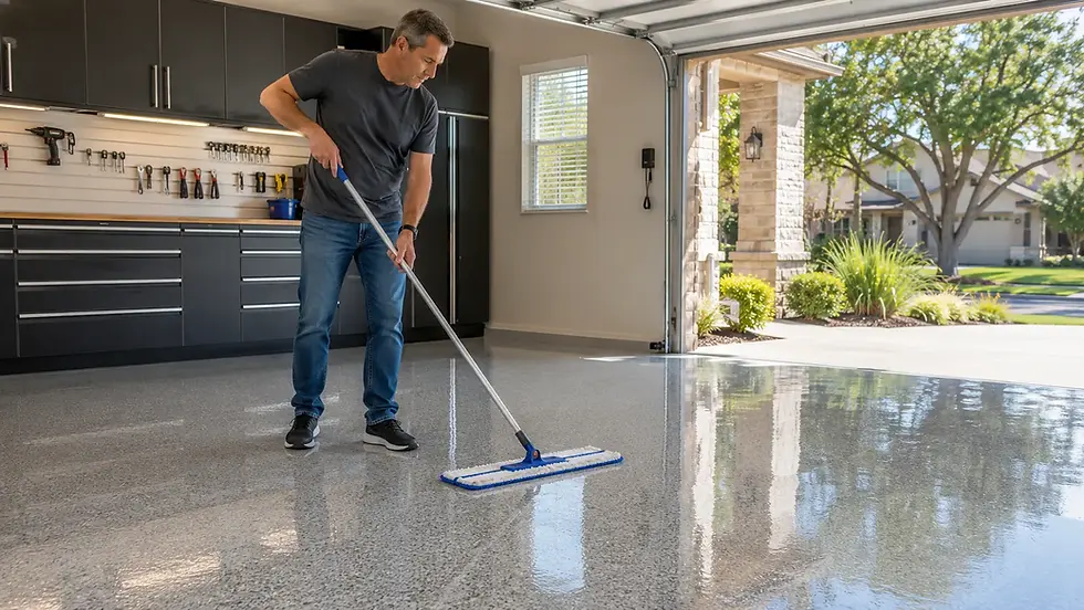 Homeowner cleaning an epoxy garage floor with a microfiber mop to protect the glossy finish