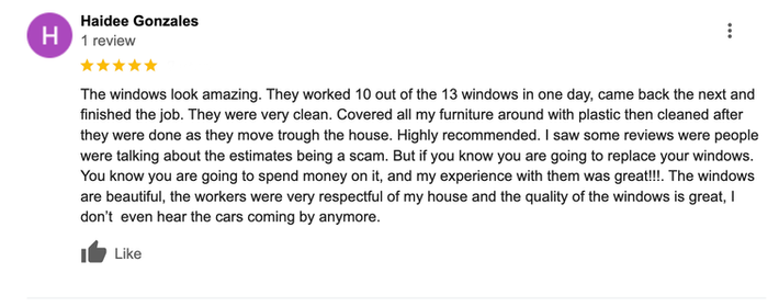 Haidee Gonzales's five-star review: Amazing windows, clean work, highly recommended!