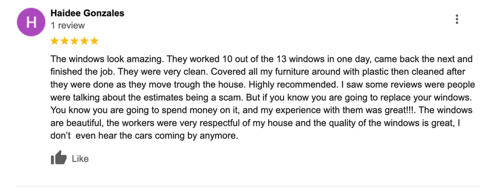 Haidee Gonzales's five-star review: Amazing windows, clean work, highly recommended!