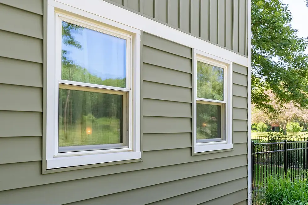 Green house siding with two windows