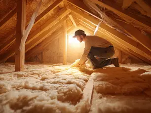 Technician installing attic insulation to winter-proof a home in DFW