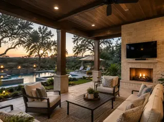 Custom covered patio with comfortable outdoor furniture in a Texas backyard.