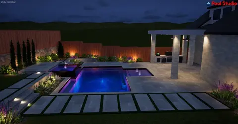 Modern backyard pool design at night, HomeStop