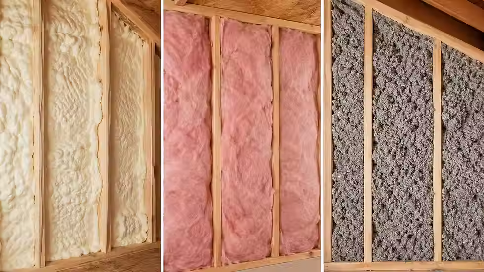 Comparison of different home insulation types including spray foam, fiberglass, and cellulose used to improve energy efficiency in residential homes.