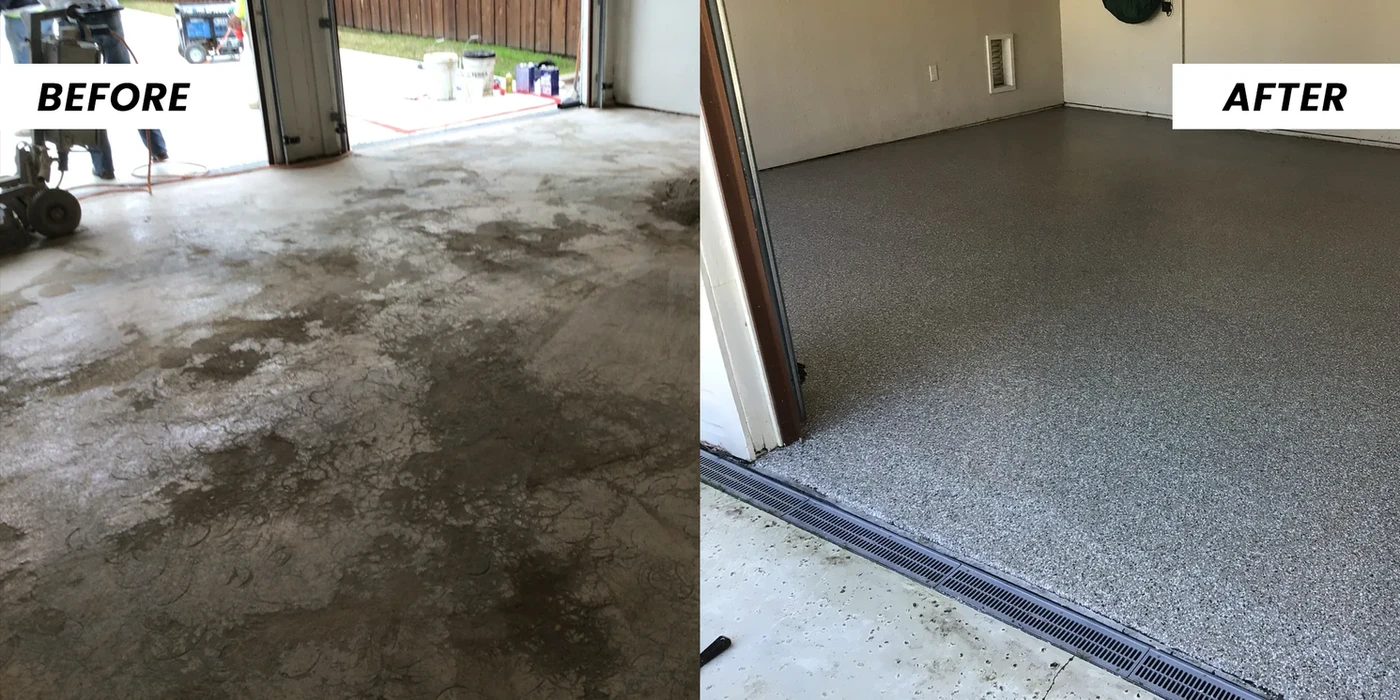 Garage floor transformation: Before and After images showing a damaged concrete floor replaced with a new, gray, speckled epoxy coating.