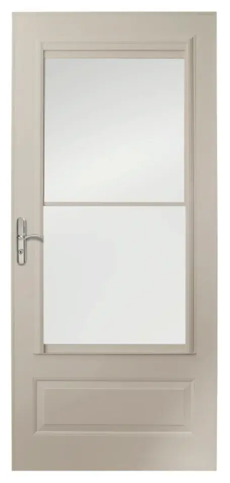 Beige storm door with frosted glass panels
