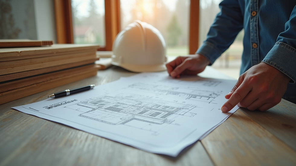 Close-up view of contractor's hands reviewing sunroom blueprints