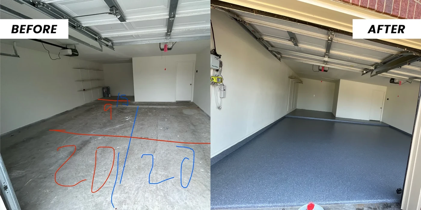 Garage floor transformation: Before & After.  New gray epoxy coating