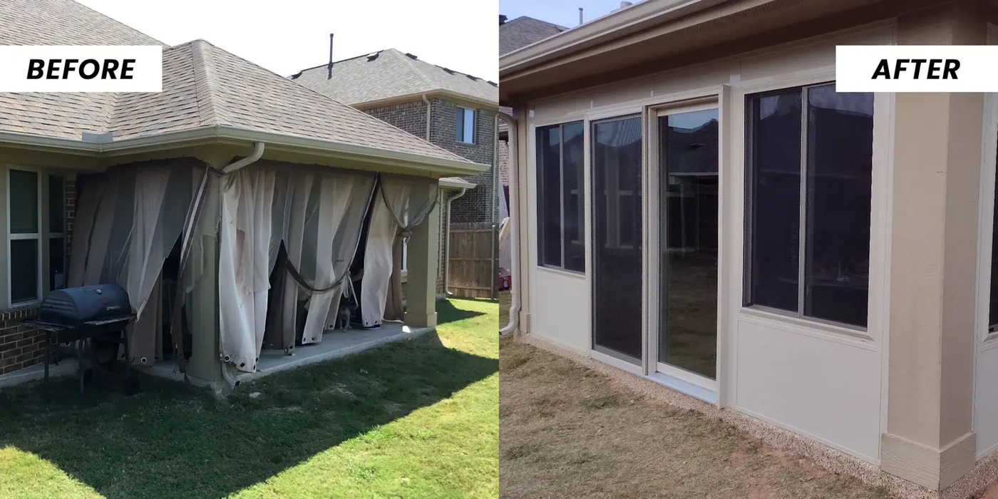 Before & After: Patio enclosure transformation; old curtains replaced with new windows