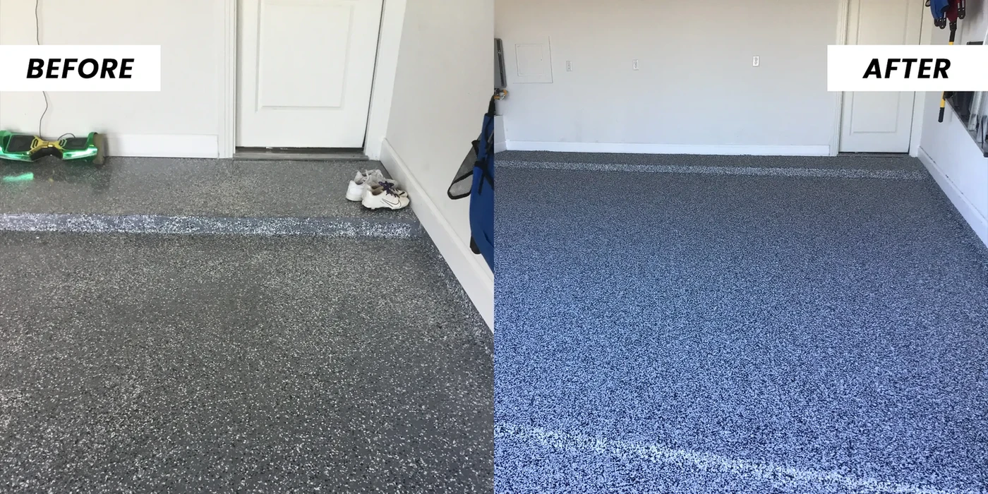 Garage floor transformation: Before and After showing a new Concrete Coatings floor.