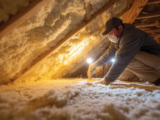 Attic insulation installer adding insulation to improve indoor air quality in a DFW home.