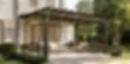 A beautifully designed patio with optimal height, featuring pergola covers, outdoor furniture, and hanging lights.
