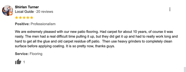 Five-star Shirlarn Turner review: Professional patio flooring installation, despite old carpet removal challenges.