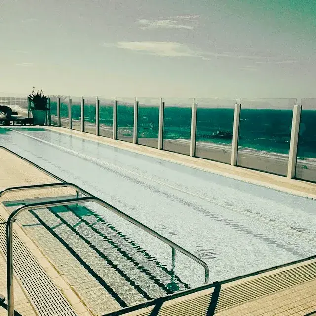 Oceanview rooftop pool, steps and railing