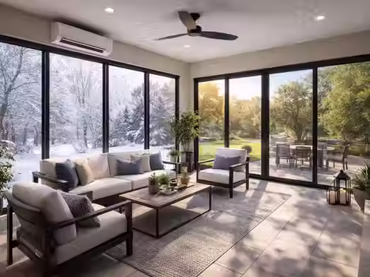 All season sunroom designed for year-round comfort in extreme climates with large glass windows and natural light