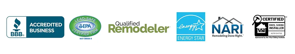 BBB Accredited Business, EPA Lead-Safe Firm, Qualified Remodeler, Energy Star, NARI, VSI Certified Installer logos