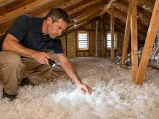 Home inspector examining attic insulation inside a residential attic