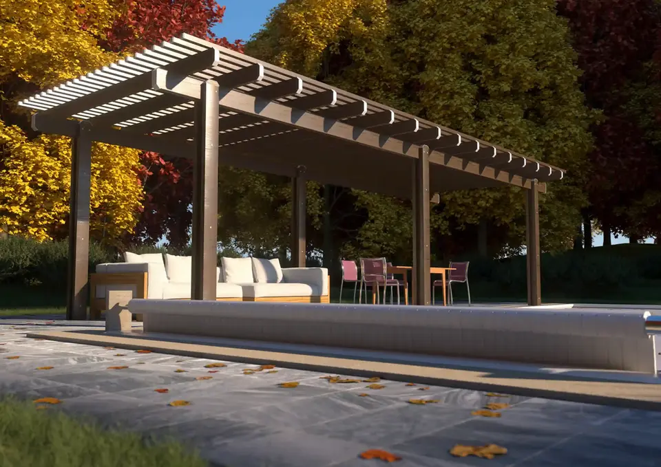 Wooden pergola with seating area and pool, autumn leaves