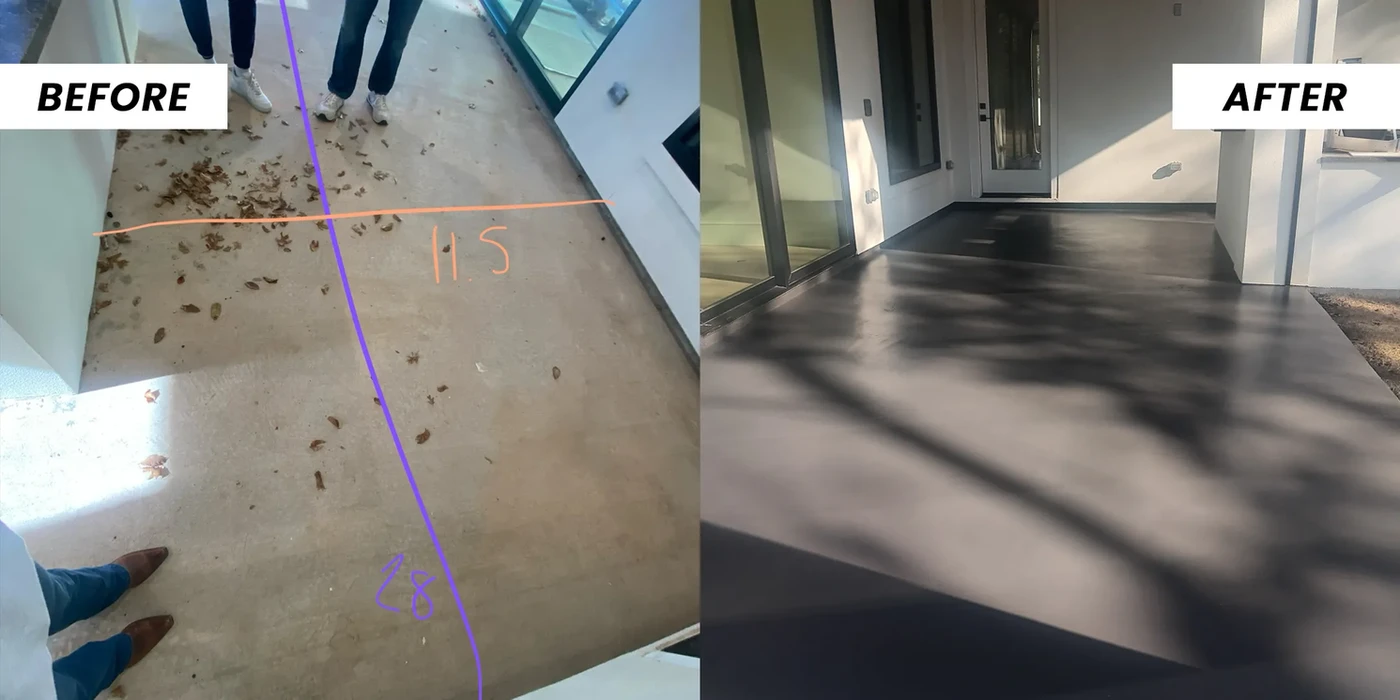 Before & After: Concrete floor coating transformation; clean, sleek finish.