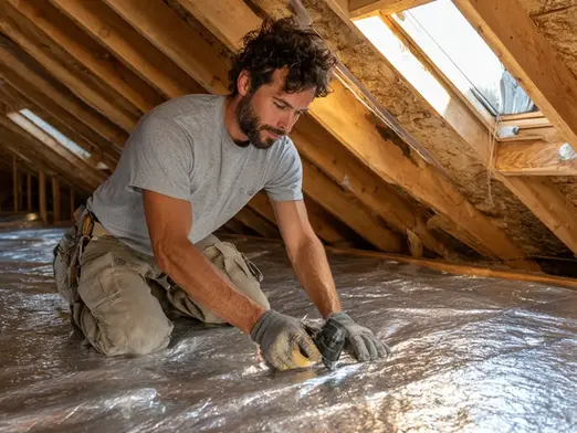 Homeowner installing foil insulation in an attic