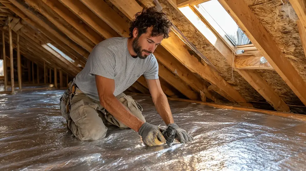 Homeowner installing foil insulation in an attic