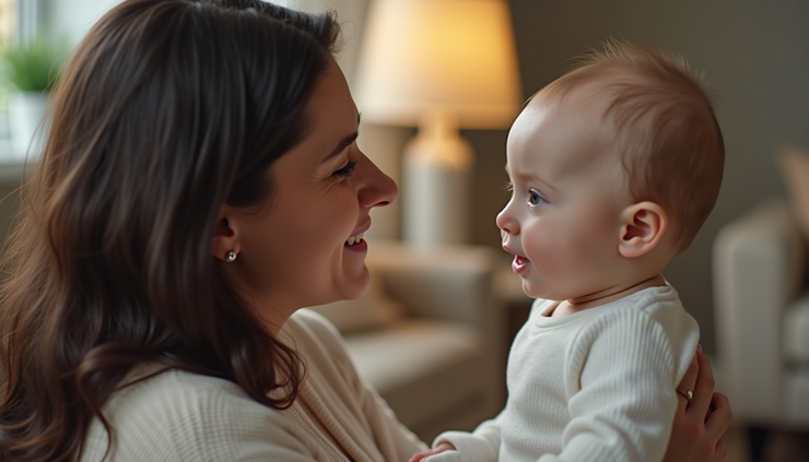 Close-up view of a mother speaking gently to her infant in a cozy living room