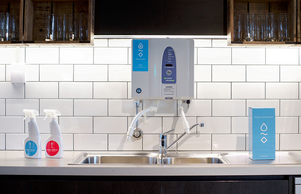 An eWater Systems filter sits above a sink in an office, with 2 spray bottles.