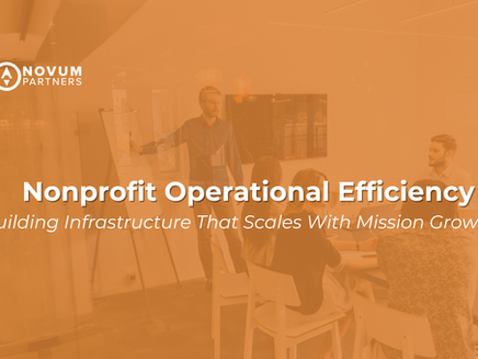 People in a meeting room listen to a presenter at a flip chart. Text: Nonprofit Operational Efficiency. Orange overlay, professional setting.